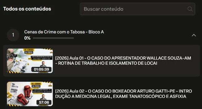 Lista de aulas do curso na área de alunos, com capa e duração de cada aula
