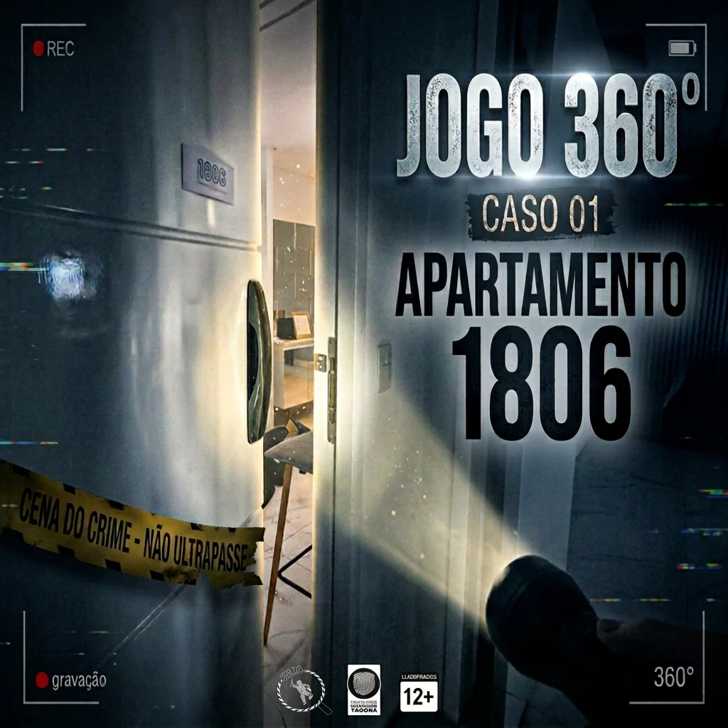 Capa do jogo: porta do apartamento 1806 entreaberta, com fita de isolamento e lanterna